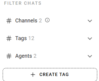 Chats filter panel showing channel and tag filters