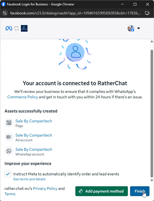 Meta account connected screen showing the created assets and Finish button