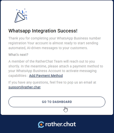 rather.chat WhatsApp integration success screen with a Go to Dashboard button