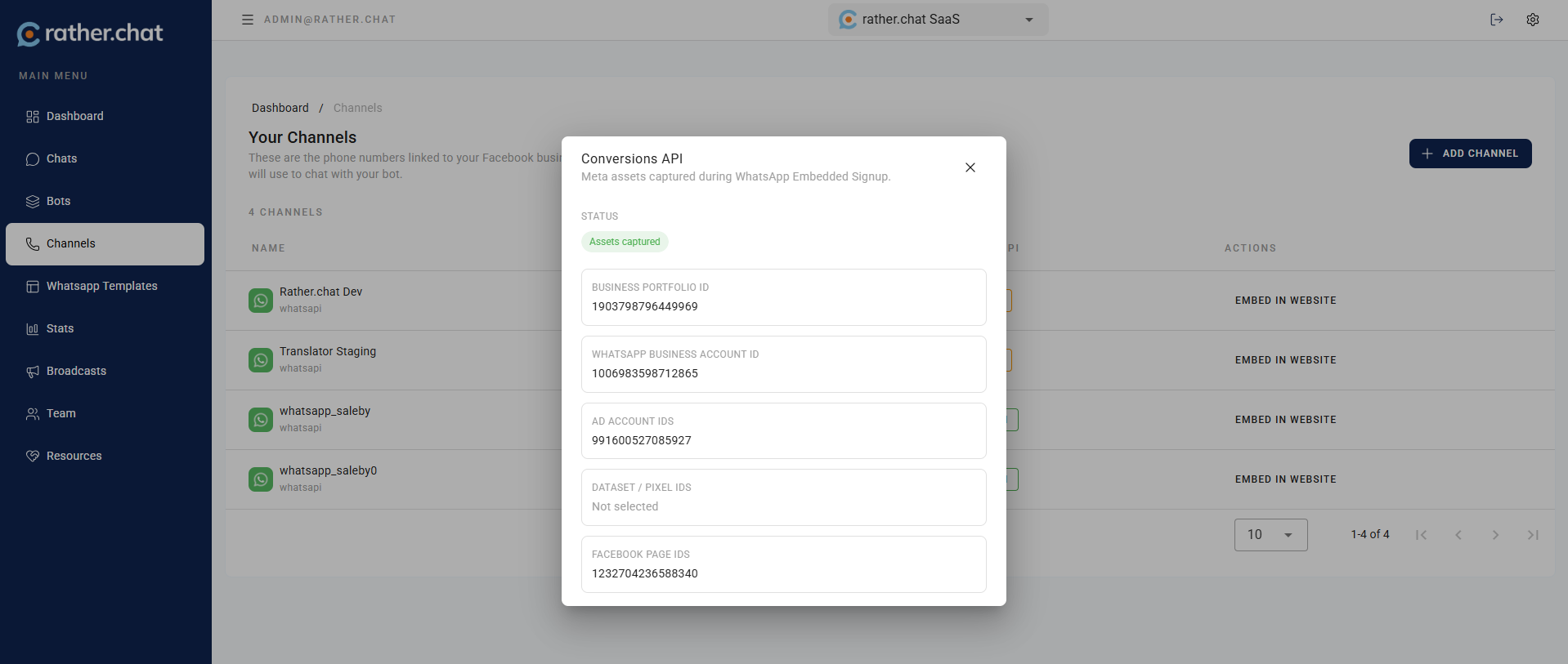 Conversions API dialog showing the Meta assets captured for a WhatsApp channel