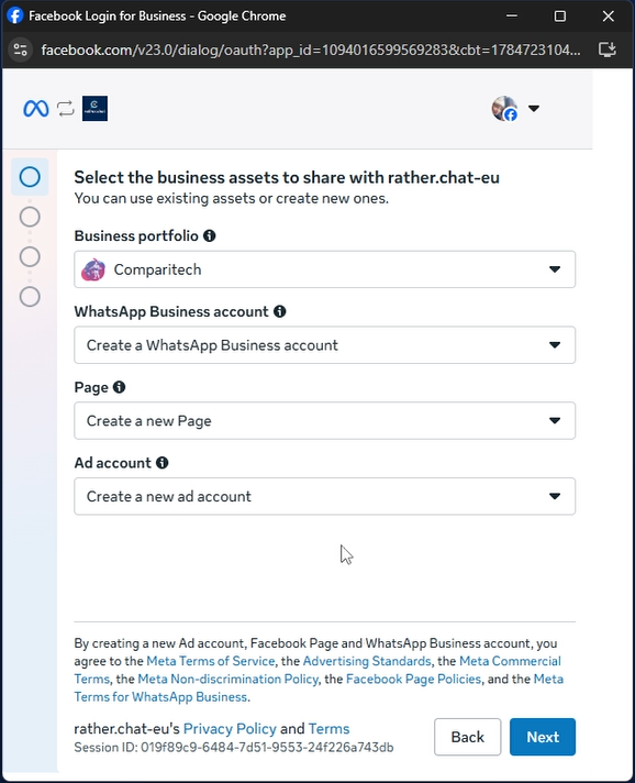 Meta asset selection screen for a business portfolio, WhatsApp Business Account, Facebook Page, and ad account