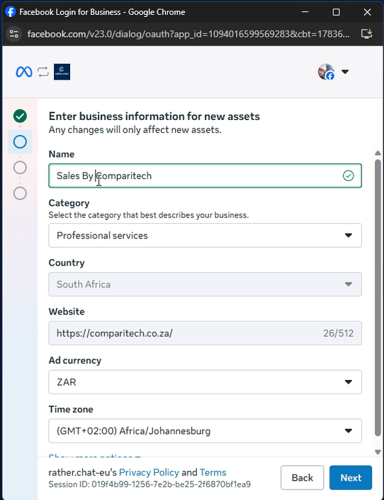 Meta business information form used to create assets during WhatsApp setup