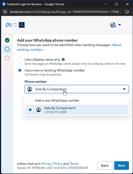 Meta phone number selection screen with an existing WhatsApp phone number selected from the dropdown