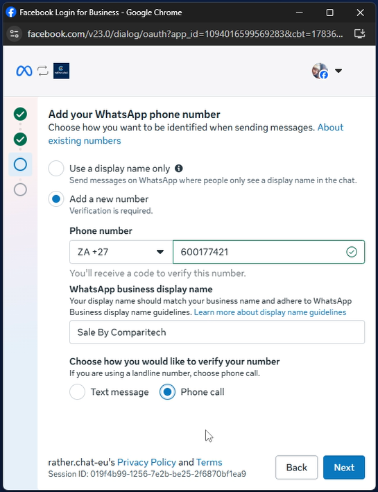 Meta screen for adding a WhatsApp phone number, display name, and verification method