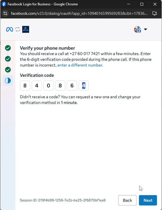 Meta phone number verification screen with six verification code fields