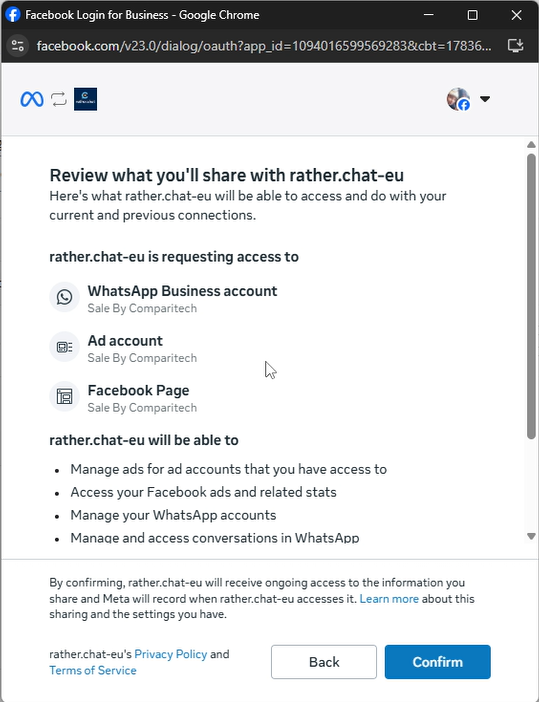 Meta confirmation screen listing the business assets and permissions shared with rather.chat