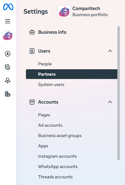 Meta Business Settings navigation with Users expanded and Partners selected