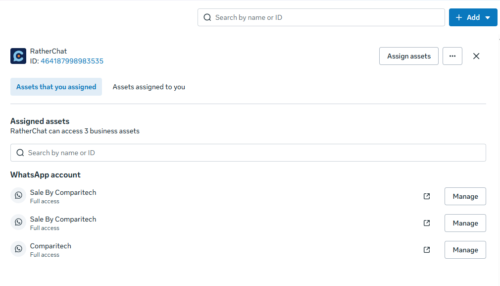 RatherChat partner connection in Meta Business Settings showing business ID 464187998983535 and the Assign assets button