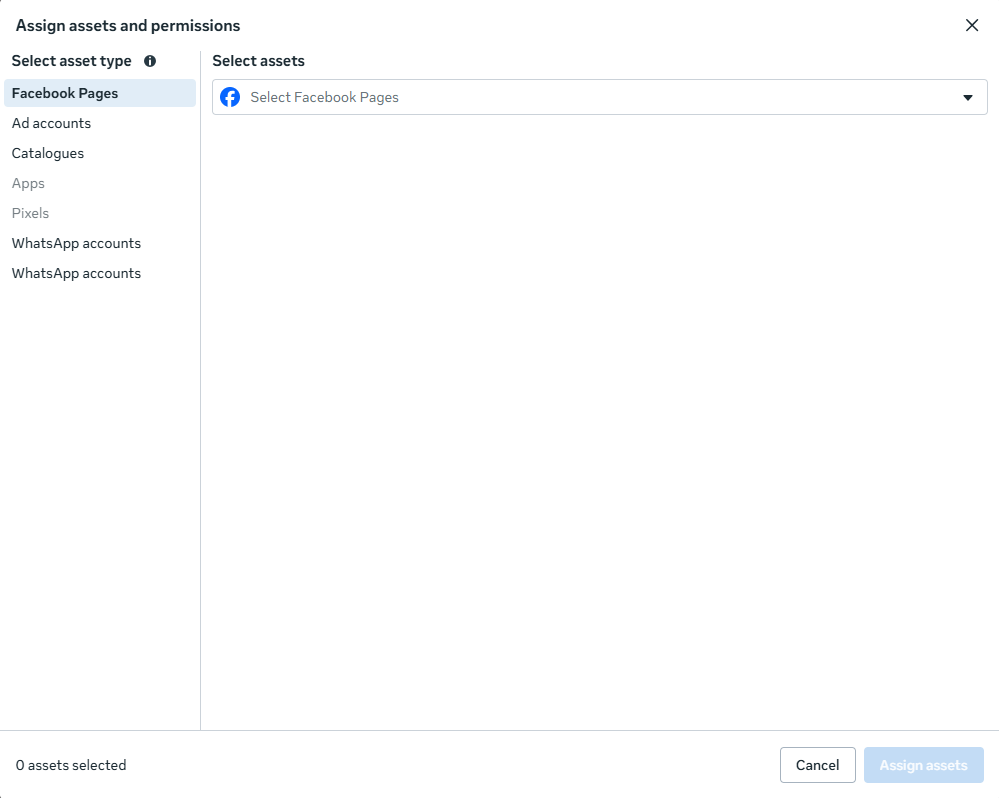 Meta Assign assets and permissions window with Facebook Pages, ad accounts, Pixels, and WhatsApp accounts available for selection