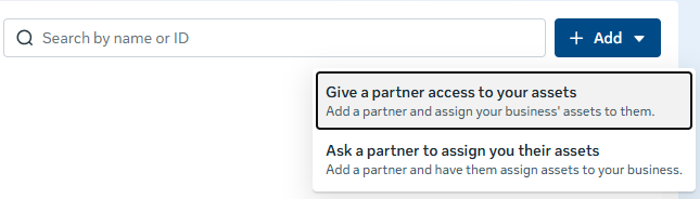 Meta Partners Add menu with Give a partner access to your assets selected