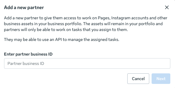 Meta Add a new partner window with the partner business ID field