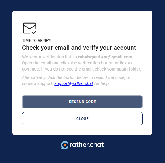 Verification message screen instructing the user to check email